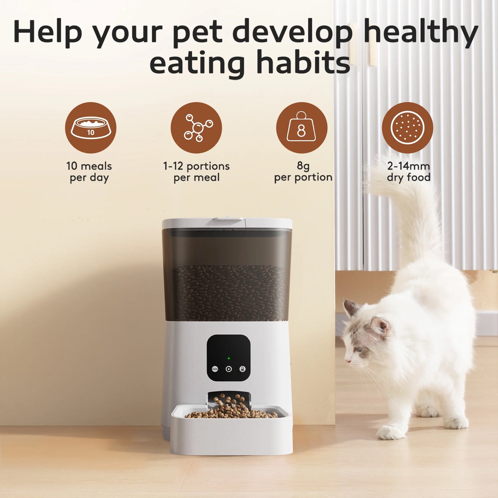 7L Wi-Fi Enabled Automatic Pet Feeder with APP Remote Control for Cats and Dogs, White, 13.10 x 6.50 x 12.60 inches