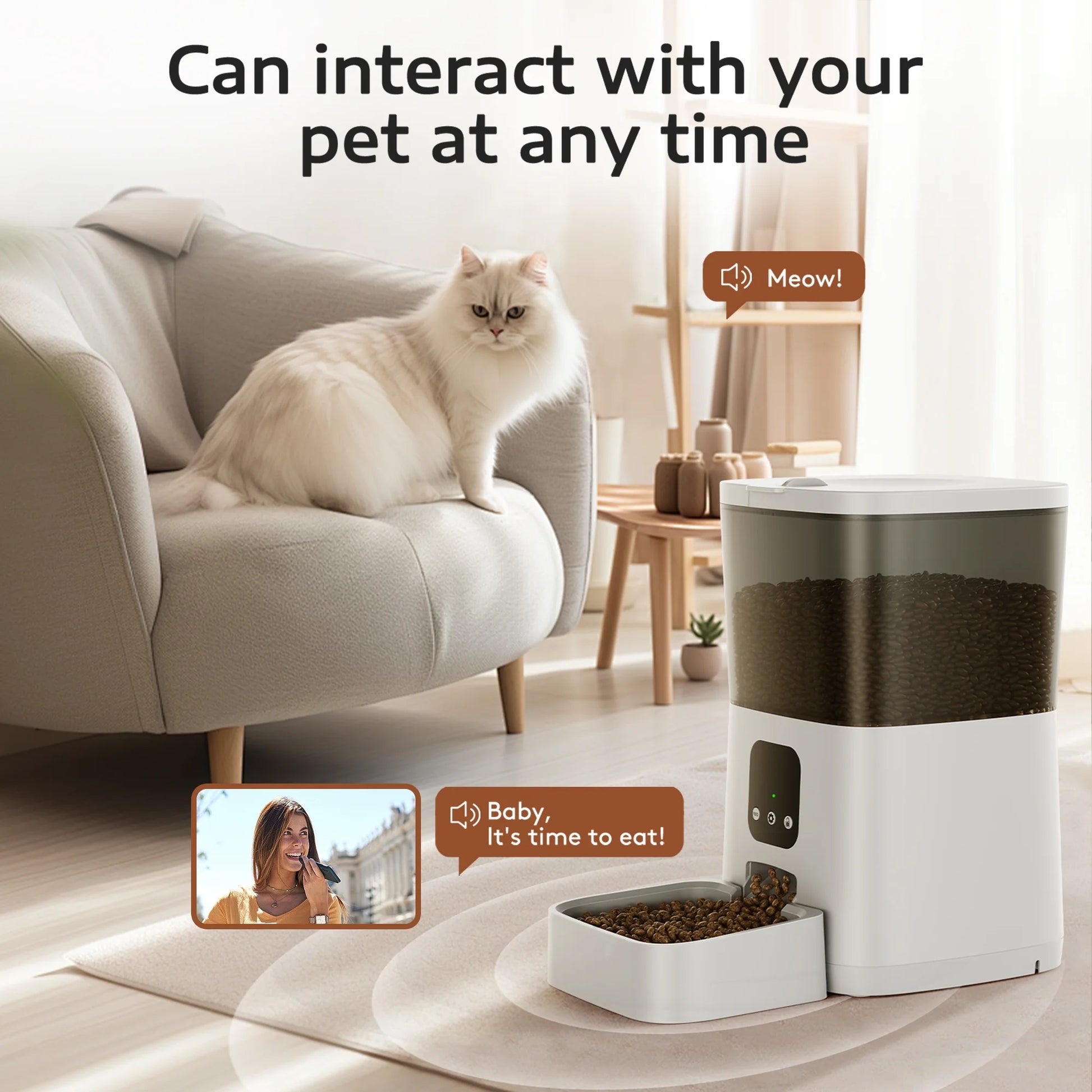 7L Wi-Fi Enabled Automatic Pet Feeder with APP Remote Control for Cats and Dogs, White, 13.10 x 6.50 x 12.60 inches