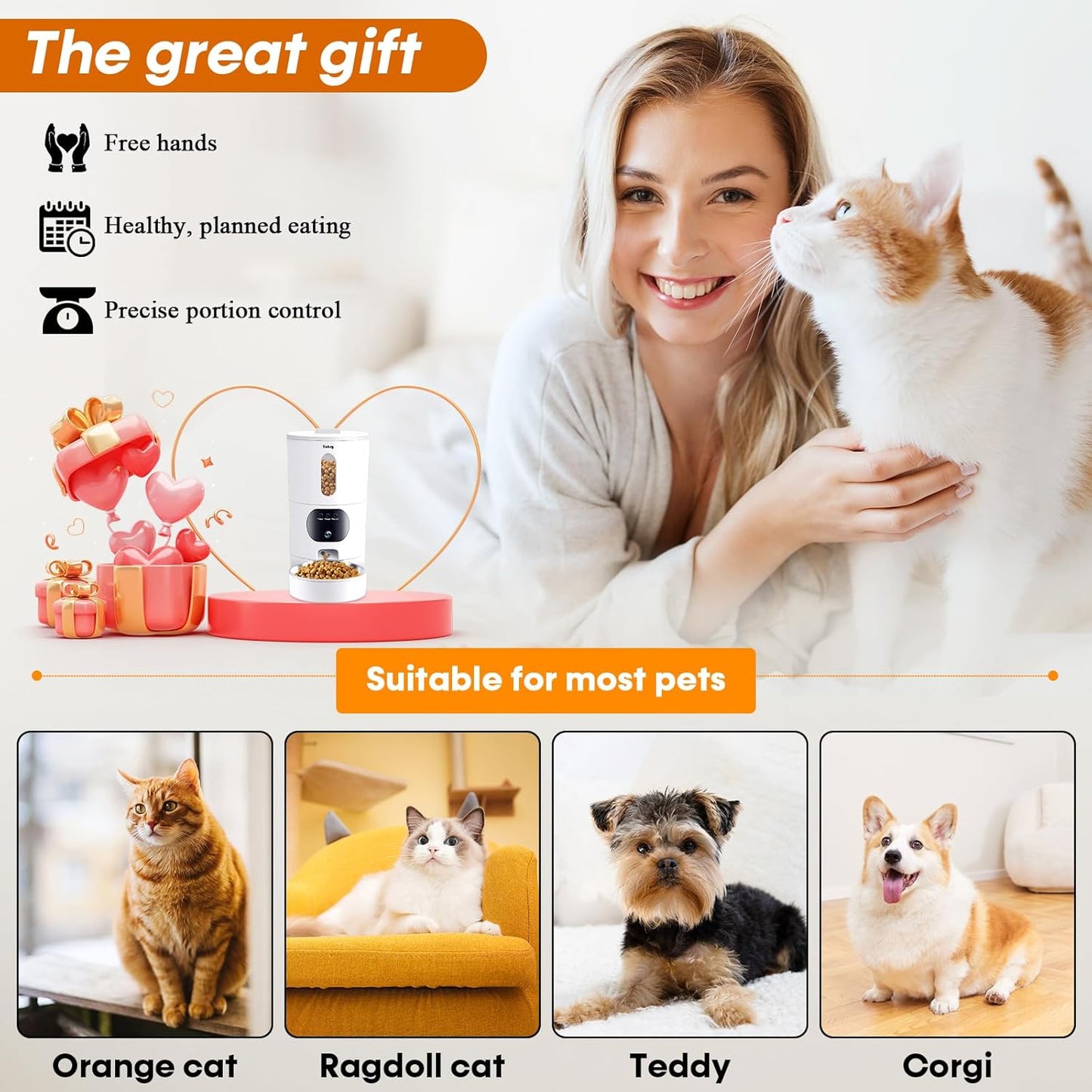 Smart Automatic Cat Feeder with 5G Camera: Wi-Fi Enabled, Easy to Clean, Timed Pet Food Dispenser with 2-Way Audio, Memory Function, HD 1080P Video Recording, App Control, Night Vision - Yakry