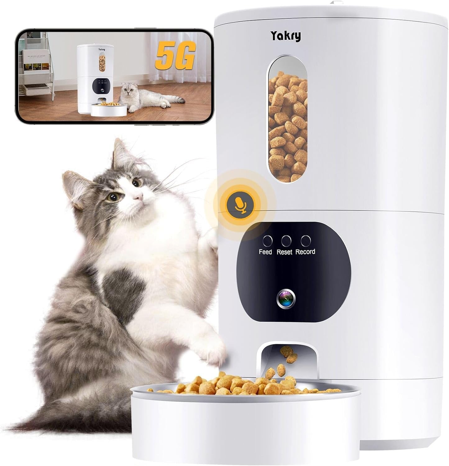 Smart Automatic Cat Feeder with 5G Camera: Wi-Fi Enabled, Easy to Clean, Timed Pet Food Dispenser with 2-Way Audio, Memory Function, HD 1080P Video Recording, App Control, Night Vision - Yakry